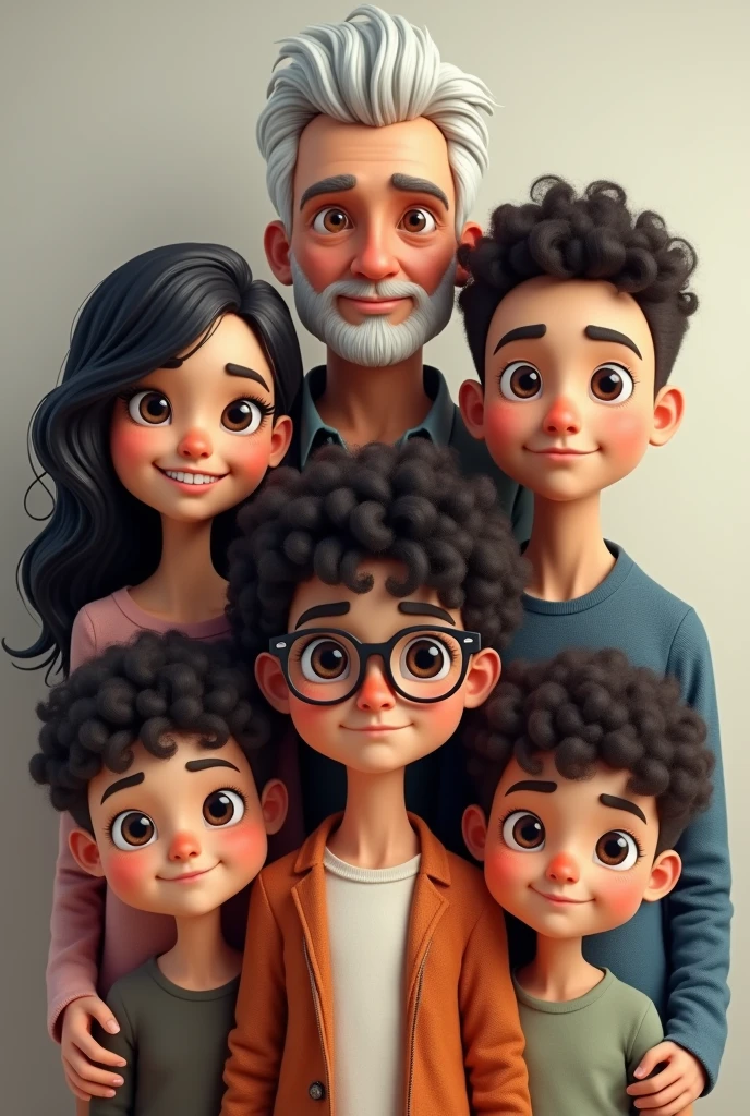 Create a family tree in English with 5 members:
table: man with white hair and light brown eyes Mama: woman with curly black hair and dark brown eyes Brother 1: man with brown hair and brown eyes Brother 2: man with black hair and dark brown eyes I: ager with glasses curly black hair and brown eyes