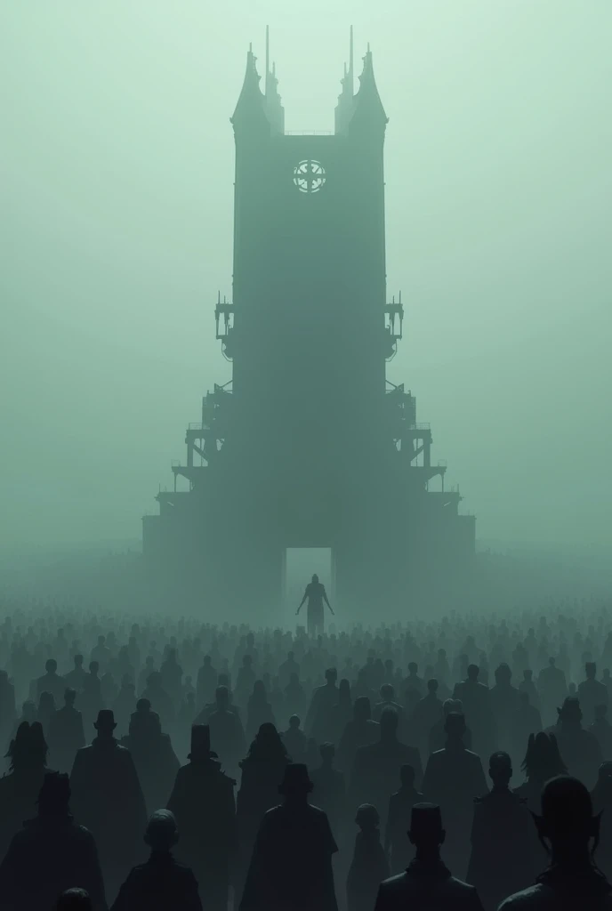 a sci-fi uneven building is in the center of a huge crowd, atmosphere is foggy and dark, the camera angle is veiwed from the top of the building