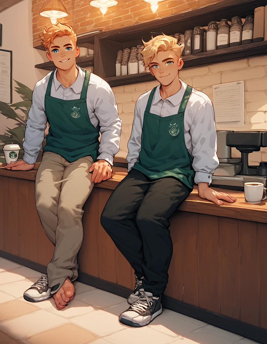 Nfsw,score_9, score_8_up, score_7_up, score_6_up, score_5_up, score_4_up,3 boys, male only, masculines facial,handsome face, face detail, nice eyes,full body,cute,nice pants,coffee shop counter, on the lap,