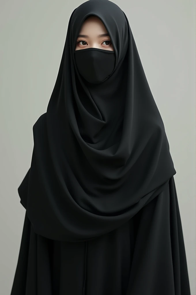 A beautiful girl wearing hijab with niqab and borka all black. An Asian girl with the pearl coffee color eyes everything is covered with out eyes