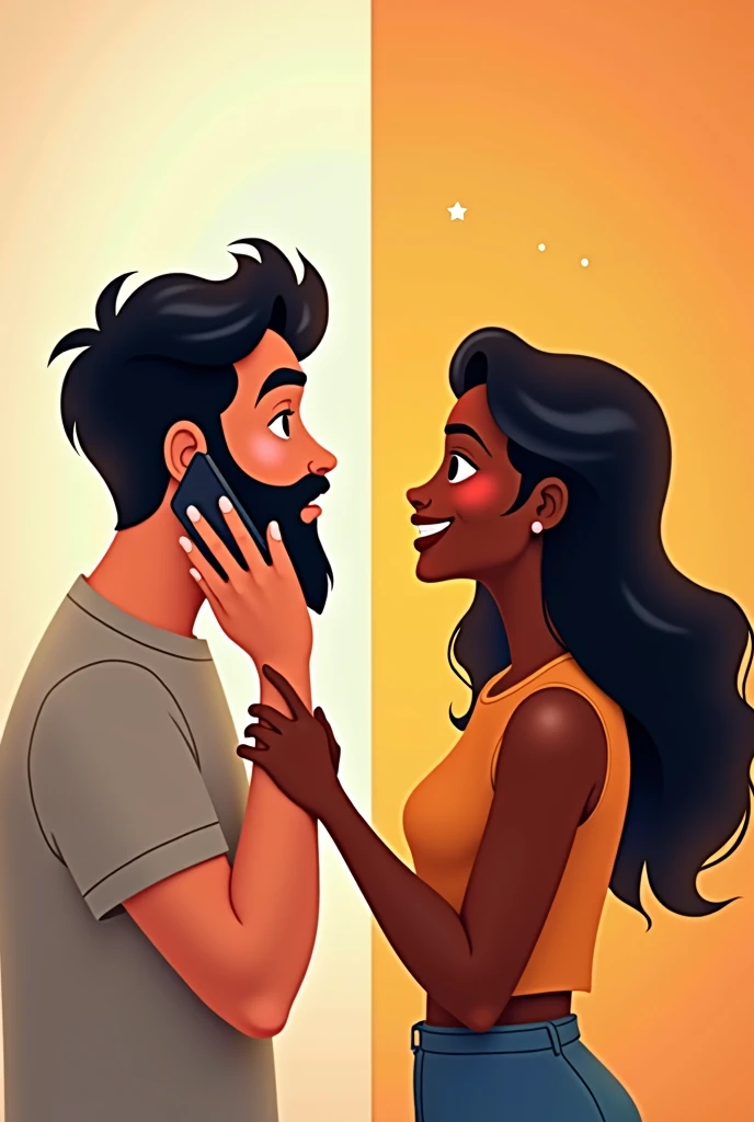 Create an animated image, which on one side has a man talking in love on the phone, looking to the left, and on the other side a girl with dark skin, with loose hair, and a friendly smile also talking on the phone, looking away. side