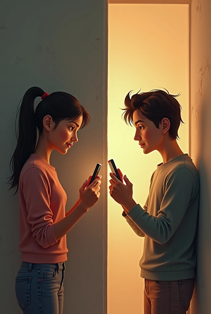Create an image that on the right has a middle-aged man talking in love on the phone, with black hair and casual clothes, then separated from the left by a wall, who are not looking at each other, and on the left there is a young, friendly, brown skin, also speaking. by phone.