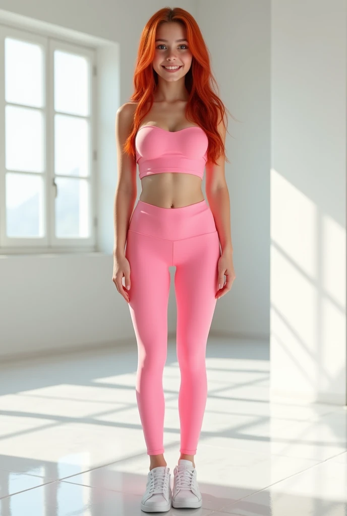 1 blonde girl, 13 years, perfect body, big hip, small waist, standing breasts, perfect face, standing, straight and without postures, straight head, front body, looking at the viewer, Full body photo, grandes senos, pechos grandes, grandes muslos, knees together, straight legs, straight arms, realist, maximum definition, 8k, Masterpiece, white room, white ceramic floor, windows with closed curtains, detailed blue eyes, hands at the sides, without gestures, defined face, pink strapless top, pink belly leggings, tines, white sports shoes, belly button, linda, beautiful, sexy, large eyes, Detailed description, Original,Young latina white female teen, long red hair, (brightly smiling), light blue eyes, wearing pink lace bra, wearing pink lace panties, wearing pink high heels, kneeling on carpet in a brightly lit living room, (grandes senos, curvilínea, culo grande, caderas anchas) full body, hd, 4K, ropa interior transparente.