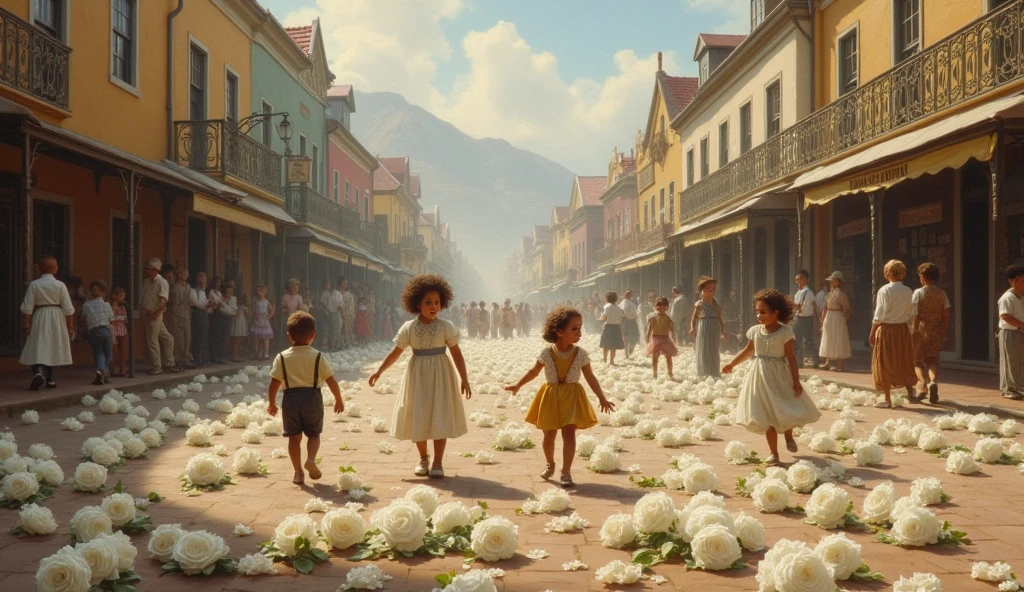 1890; (masterpiece, best quality) pacific africa city(Cape Town) roses white on the floor; children playing in the streets