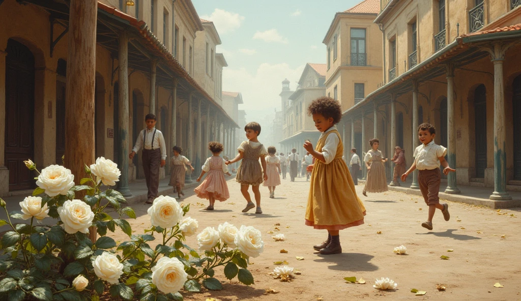 1890; (masterpiece, best quality) pacific africa city(Cape Town) roses white on the floor; children playing in the streets