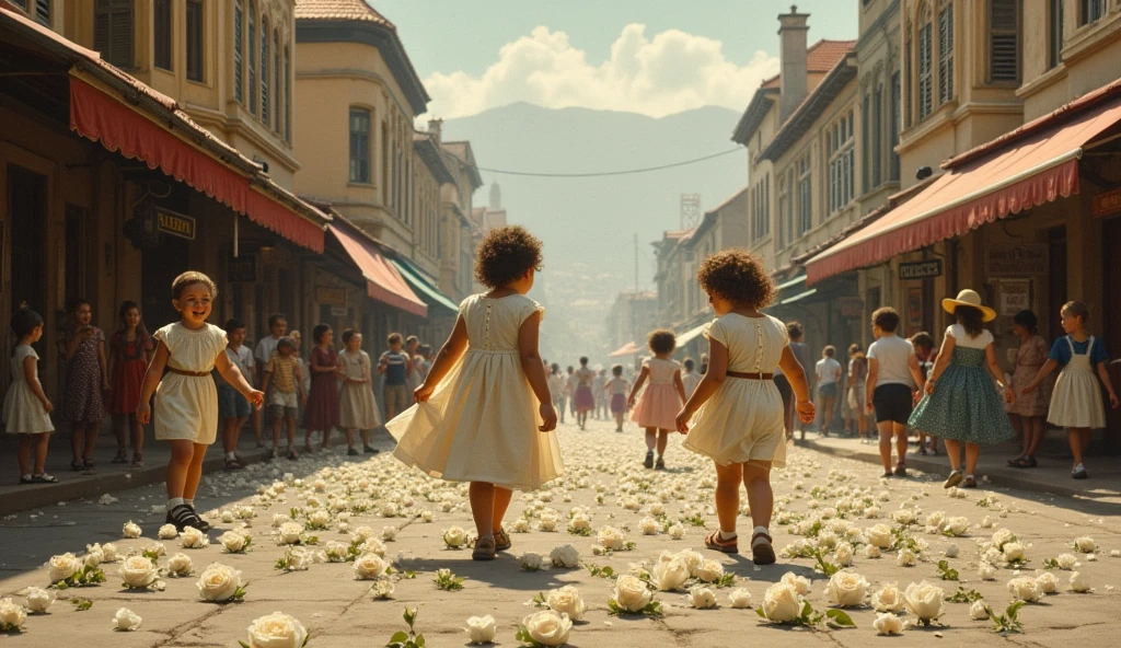 1890; (masterpiece, best quality) pacific africa city(Cape Town) roses white on the floor; children playing in the streets