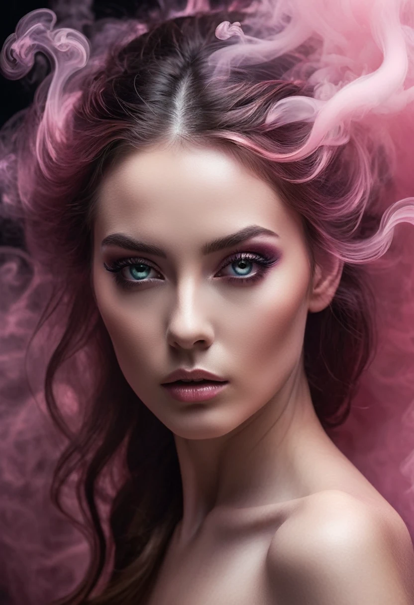 A majestic work of art, a  woman, intricately detailed, with an intense, piercing gaze emanating from her singular, striking eye, set against a backdrop of ethereal, swirling pink smoke that appears to shift and undulate as if alive, illuminated by a cinematic lighting scheme that casts dramatic, high-contrast shadows and highlights, evoking a sense of mystery and the otherworldly, with each element expertly rendered in exquisite, high-definition detail, exuding a sense of artistic mastery and visual sophistication.