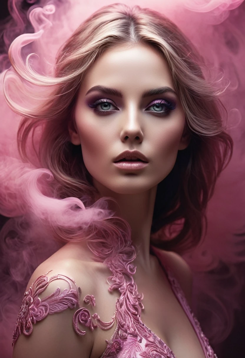 A majestic work of art, a woman, intricately detailed, with an intense, piercing gaze emanating from her singular, striking eye, set against a backdrop of ethereal, swirling pink smoke that appears to shift and undulate as if alive, illuminated by a cinematic lighting scheme that casts dramatic, high-contrast shadows and highlights, evoking a sense of mystery and the otherworldly, with each element expertly rendered in exquisite, high-definition detail, exuding a sense of artistic mastery and visual sophistication.
