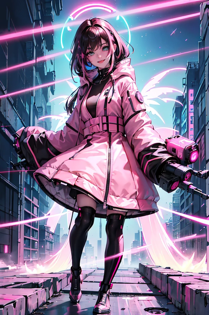 1female, (A handsome woman:1.4), (A confident smile:1.2), (brunette color hair), (Top image quality), (8K picture quality), (cyber punk perssonage) (masterpiece), (Wear a military uniform with a shiny cyberpunk hood), (A confident smile:1.2), (Full body photo), (Excessive glowing flowers flying:1.5), cinematric light, Cinema Shadow, Sharp Images, Extremely detailed, volumetr, bright sprite, particle effect, beautiful effects, Vivid colors, neonlight, (pink neon lights:1.5), Highly detailed image textures, detailed hairs, Detailed face, Detailed eyes, Full body photo, City, Dark hair, A shimmering red halo, Photo from the knee up, beautiful effects, Vivid colors, Highly detailed image textures, detailed hairs, Detailed eyes, (cyberpunk city landscape:1.5)