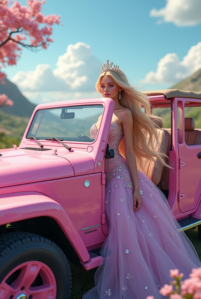 Pink jeep with a princess inside