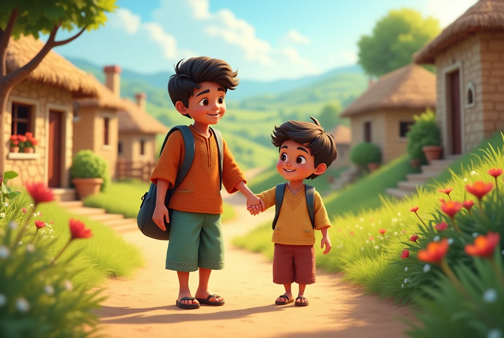 "Illustrate a short story about two brothers, Ali and Hasan, Ali is big brother and hassan is younger living in a village.cartoon 3d image 