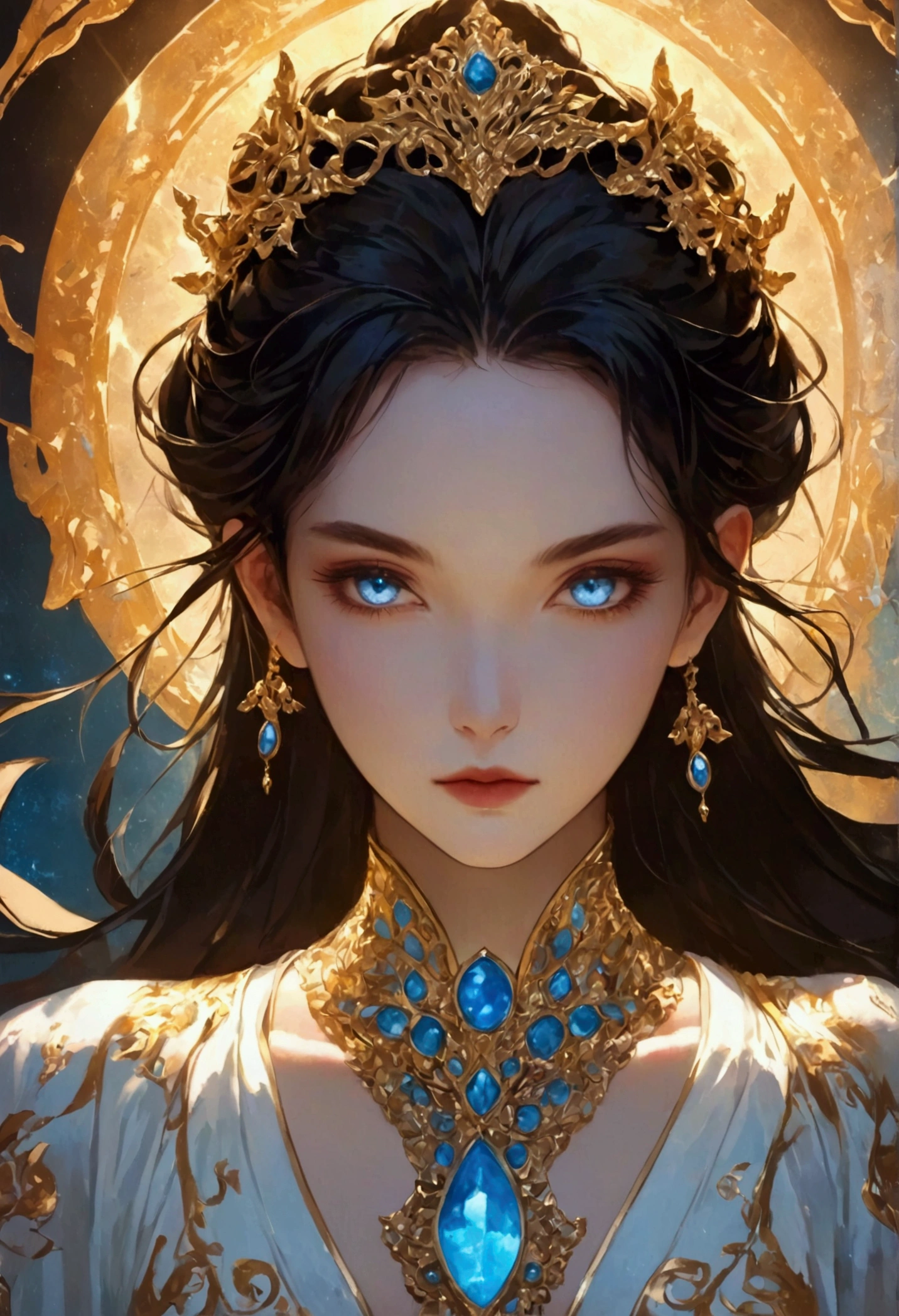 Fantasy portrait of an ethereal beauty with striking blue eyes. Ornate golden headdress adorned with blue gemstones and intricate swirling designs. Flowing white robes with delicate gold and blue accents. Pale, flawless skin and dark hair. Regal pose with a direct gaze. Soft, glowing aura surrounding the figure. Highly detailed digital art style blending elements of high fantasy with stylized imperial fashion. Elegant and mystical atmosphere