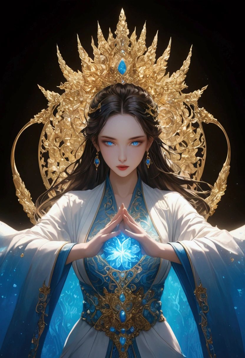 Fantasy portrait of an ethereal beauty with striking blue eyes. Ornate golden headdress adorned with blue gemstones and intricate swirling designs. Flowing white robes with delicate gold and blue accents. Pale, flawless skin and dark hair. Regal pose with a direct gaze. Soft, glowing aura surrounding the figure. Highly detailed digital art style blending elements of high fantasy with stylized imperial fashion. Elegant and mystical atmosphere