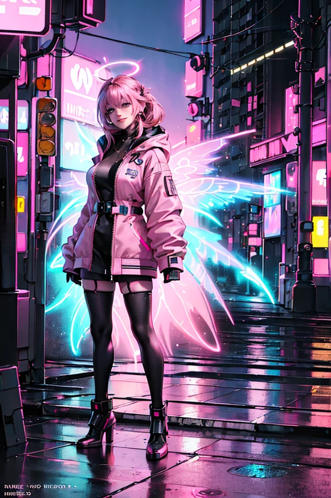 1female, (A handsome woman:1.4), (A confident smile:1.2), (brunette color hair), (Top image quality), (8K picture quality), (cyber punk perssonage) (masterpiece), (Wear a military uniform with a shiny cyberpunk hood), (A confident smile:1.2), (Full body photo), (Excessive glowing flowers flying:1.5), cinematric light, Cinema Shadow, Sharp Images, Extremely detailed, volumetr, bright sprite, particle effect, beautiful effects, Vivid colors, neonlight, (pink neon lights:1.5), Highly detailed image textures, detailed hairs, Detailed face, Detailed eyes, Full body photo, City, Dark hair, A shimmering red halo, Photo from the knee up, beautiful effects, Vivid colors, Highly detailed image textures, detailed hairs, Detailed eyes, (cyberpunk city landscape:1.5)