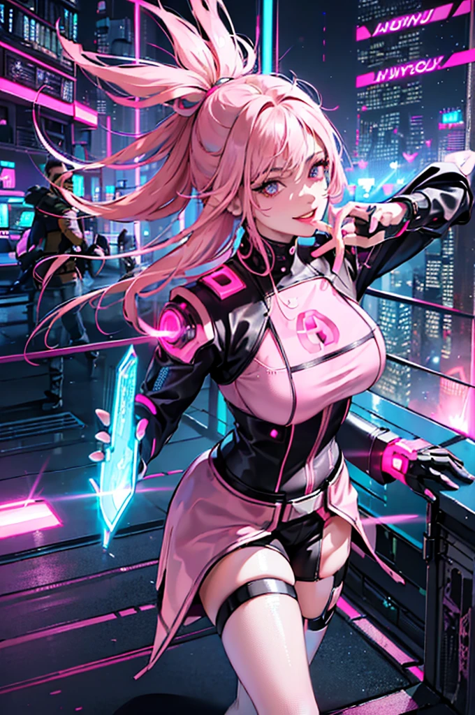 1female, (A handsome woman:1.4), (A confident smile:1.2), (brunette color hair), (Top image quality), (8K picture quality), (cyber punk perssonage) (masterpiece), (Wear a military uniform with a shiny cyberpunk hood), (A confident smile:1.2), (Full body photo), (Excessive glowing flowers flying:1.5), cinematric light, Cinema Shadow, Sharp Images, Extremely detailed, volumetr, bright sprite, particle effect, beautiful effects, Vivid colors, neonlight, (pink neon lights:1.5), Highly detailed image textures, detailed hairs, Detailed face, Detailed eyes, Full body photo, City, Dark hair, A shimmering red halo, Photo from the knee up, beautiful effects, Vivid colors, Highly detailed image textures, detailed hairs, Detailed eyes, (cyberpunk city landscape:1.5)