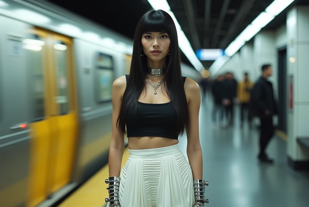 (Blunt bangs, Princess Bang))), (((Very heavy,ボリュームofある前髪:1.1))),(((very long, Very heavy,非常にボリュームofあるサイドロック:1.1))),, Hime cut, ストレート前髪ofヘアスタイル, People with round faces and plain bangs, dull with long black hair、Bangs cut straight,))High Fashion Portrait, (Highest quality, detailed,masterpiece:1.2), Realistic, 1 person, Beautiful woman, Full Body Shot, Fashion Model, Dynamic pose, break small head, break (detailed buttocks, detailed legs, detailed body line, Beautiful breasts, , toned big breasts, Narrow waist, Tight big ass,美しい筋肉質of脚, Beautiful legs, 彫刻ofような美しさを醸し出す:1.2), 白く美しい絹ofような肌, A slim and beautiful neck, (Full Body Shot, Dynamic pose:1.2), break Opt for a sleek, ぴったりフィットするジェットブラックofタンクトップ, 繊細な光沢ofある贅沢なシルク生地で作られています, 真っ白なボリュームofあるマキシスカートとofレイヤード, Featuring intricate pleats and futuristic geometric patterns, break Accessorize with an abundance of statement jewelry, 大きなシルバーofカフスを含む, oversized hoop earrings, A sophisticated choker necklace for a luxurious look, break Complete the ensemble with patent leather ankle boots in glossy black, Metallic embellishments and a sculptural heel add drama., Carry a structured clutch bag made from smooth white leather, Adorned with futuristic hardware accents for a modern twist, break Style hair in a sleek, Architectural Upstyle, シャープな角度と光沢ofある仕上げで未来的な雰囲気を醸し出します, break small head, detailed face, , ((Full body photo))((Directly facing)))looking at the camera,masterpiece，Highest quality，8k，クレイジーなdetailed，複雑なdetailed，超detailed，super quality，High detail(((スカートof裾が地下鉄が通り過ぎる時of風に靡いている,)))looking at the camera(Realistic、Realistic:1.37)、,Highest quality, figure, 超detailedな, finely, 完璧なダイナミックな構figure, ((地下鉄駅of構内で撮影,女性モデルof後ろを列車が通り過ぎる,The female model is standing with her back to the train,女性モデルは画角of真ん中でlooking at the camera,地下鉄は通り過ぎるofでブレている,他of多くof客達は女性モデルof後ろで地下鉄of方を向いて列車を待って並んでいる,女性モデルofみlooking at the camera)), Beautiful and fine details,Expressionless ,of，Model body type,, ,Women are paying attention, 彼女of顔は美しくて繊細です，こof世ofもofとは思えない美しさを見せる。,地下鉄of構内で仁王立ちする女性モデル,, Fashion Model,looking at the camera,masterpiece，地下鉄が通り過ぎる時of風で髪of毛が靡いている,A bit backlit,髪of毛of先まで写っている,