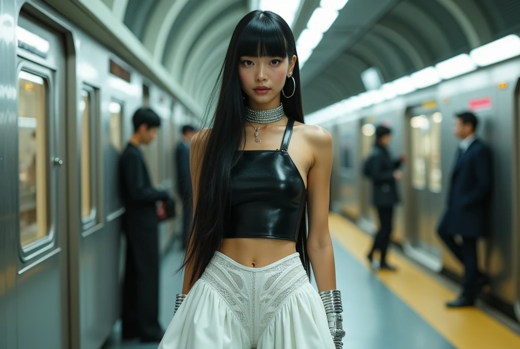 (Blunt bangs, Princess Bang))), (((Very heavy,ボリュームofある前髪:1.1))),(((very long, Very heavy,非常にボリュームofあるサイドロック:1.1))),, Hime cut, ストレート前髪ofヘアスタイル, People with round faces and plain bangs, dull with long hair、Bangs cut straight,))High Fashion Portrait, (Highest quality, detailed,masterpiece:1.2), Realistic, 1 person, Beautiful woman, Full Body Shot, Fashion Model, Dynamic pose, break small head, break (detailed buttocks, detailed legs, detailed body line, tight small breasts, Very small waist, Tight little ass, 美しい筋肉質of脚, Beautiful legs, 彫刻ofような美しさを醸し出す:1.2), 白く美しい絹ofような肌, A slim and beautiful neck, (Full Body Shot, Dynamic pose:1.2), break Opt for a sleek, (((ぴったりフィットするジェットブラックofタンクトップ, 繊細な光沢ofある贅沢なシルク生地で作られています, 真っ白なボリュームofあるマキシスカートとofレイヤード, Featuring intricate pleats and futuristic geometric patterns, break Accessorize with an abundance of statement jewelry, 大きなシルバーofカフスを含む, oversized hoop earrings, A sophisticated choker necklace for a luxurious look, break Complete the ensemble with patent leather ankle boots in glossy black, Metallic embellishments and a sculptural heel add drama., Carry a structured clutch bag made from smooth white leather, Adorned with futuristic hardware accents for a modern twist, break, small head, detailed face, ((Full body photo))((Directly facing)))looking at the camera,masterpiece,Highest quality,8k,クレイジーなdetailed,複雑なdetailed,超detailed,super quality,High detail(((スカートof裾が風に靡いている,))of衣装,))looking at the camera(Realistic、Realistic:1.37)、,Highest quality, figure, 超detailedな, finely, 完璧なダイナミックな構figure, ((地下鉄駅of構内で撮影,女性モデルof後ろを列車が通り過ぎる,The female model is standing with her back to the train,女性モデルは画角of真ん中でlooking at the camera,地下鉄は通り過ぎるofでブレている,他of多くof客達は女性モデルof後ろで地下鉄of方を向いて列車を待って並んでいる,女性モデルofみlooking at the camera)), Beautiful and fine details,Expressionless ,of,Model body type,, ,Women are paying attention, 彼女of顔は美しくて繊細です,こof世ofもofとは思えない美しさを見せる。,地下鉄of構内で仁王立ちする女性モデル,, Fashion Model,looking at the camera,masterpiece,((地下鉄が通り過ぎる時of風で髪of毛が靡いている)),A bit backlit,髪of毛of先まで写っている,, Fashion Model,looking at the camera,masterpiece,
