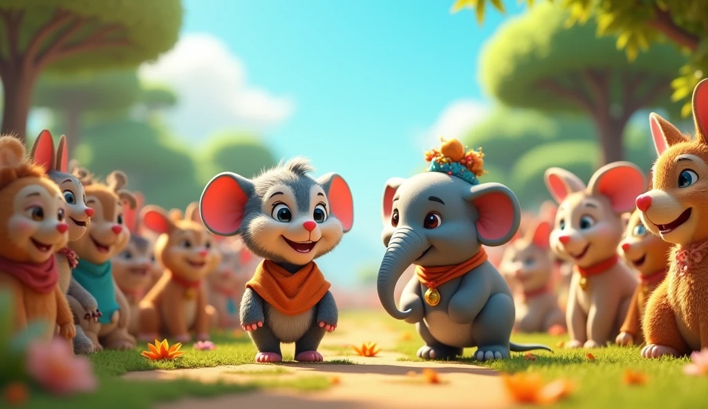 In 3d style "A joyful scene with all the animals , with mouse Chiku and elephant Mohan being honored and thanked for their efforts"