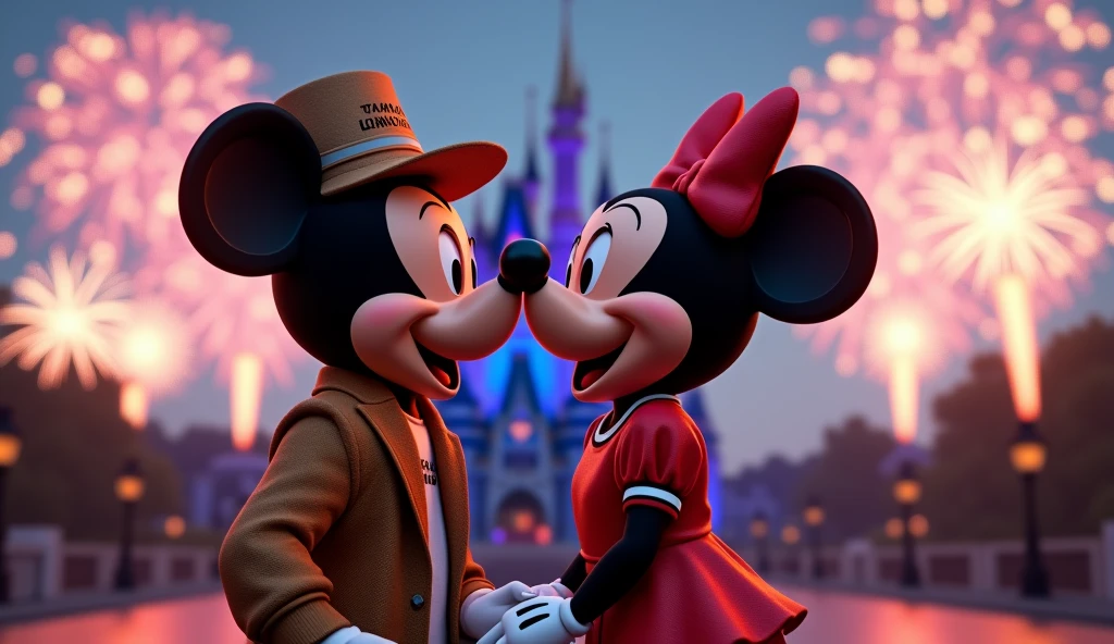 Mickey mouse and minnie in love and dressed in stylish street clothes with letters "Tamara Destinations" written on his clothes. In the background the Disney castle surrounded by fireworks.