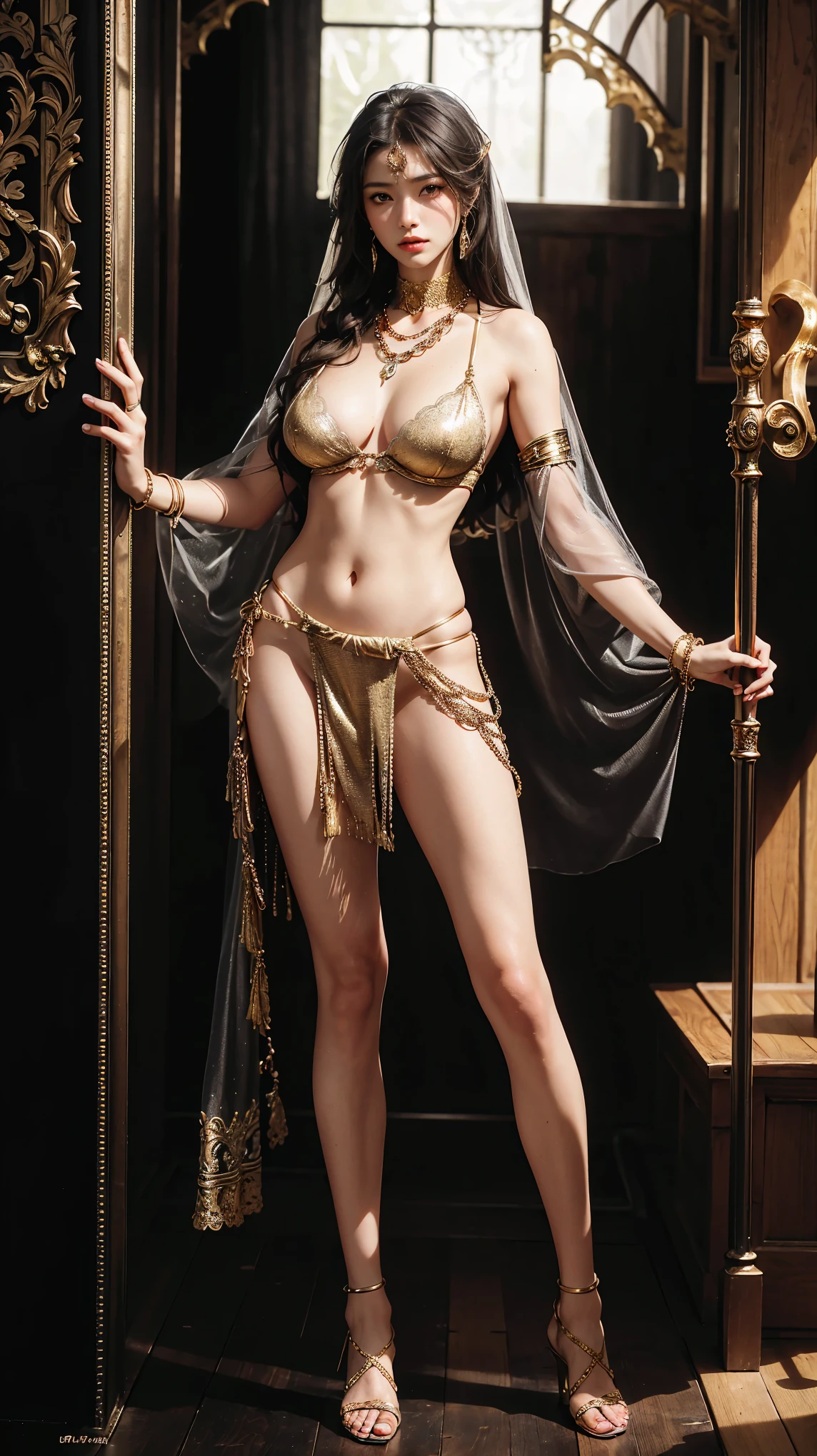 (Best quality, 4K, high resolution, masterpiece:1.2), (ultra-detailed, photo-realistic:1.37), (full-body portrait), a female warrior, exotic culture, tall athletic body, (tan skin), ((distinctive gold chain face veil, which serves to conceal her face)), ((wearing intricate gold chainmail bra and loincloth)), the armor is elaborate and sophisticated, standing guard, harem interior background.