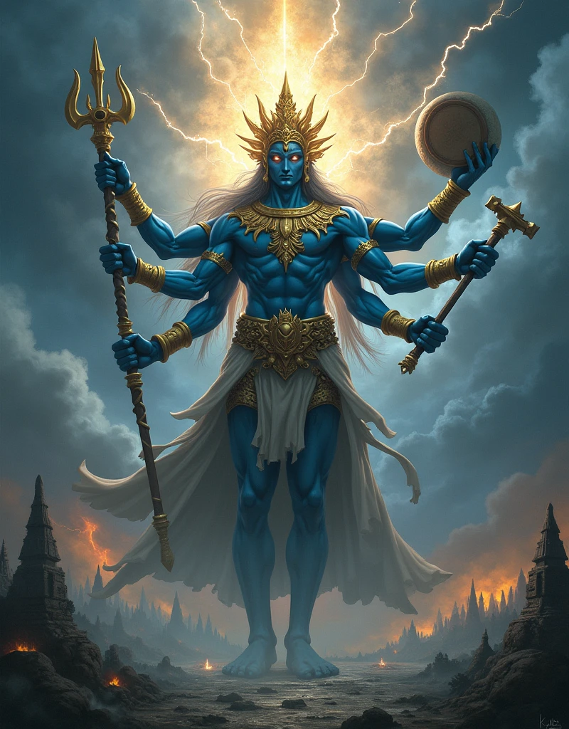 Depict a powerful and divine titan figure with deep blue skin, standing tall in the midst of a dramatic, stormy landscape. The figure has (5 arms on right side:1.4) and (5 arms on left side:1.4), each hand holding a different weapon or sacred object, including a trident, a mace, and a drum. The deity wears an ornate golden crown adorned with jewels, and elaborate jewelry decorates their neck and arms. A radiant aura surrounds the figure's head, symbolizing their divine power. In the background, dark clouds swirl with lightning, and ancient temple structures rise from the mist, their spires lit by the glow of distant fires. The scene is charged with energy, capturing the god's fierce and commanding presence, as well as the raw power of the surrounding storm.