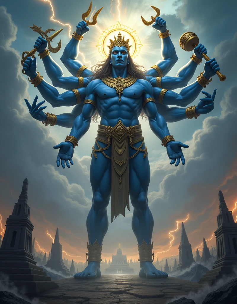 Depict a powerful and divine titan figure with deep blue skin, standing tall in the midst of a dramatic, stormy landscape. The figure has (5 arms on right side:1.4) and (5 arms on left side:1.4), each hand holding a different weapon or sacred object, including a trident, a mace, and a drum. The deity wears an ornate golden crown adorned with jewels, and elaborate jewelry decorates their neck and arms. A radiant aura surrounds the figure's head, symbolizing their divine power. In the background, dark clouds swirl with lightning, and ancient temple structures rise from the mist, their spires lit by the glow of distant fires. The scene is charged with energy, capturing the god's fierce and commanding presence, as well as the raw power of the surrounding storm.