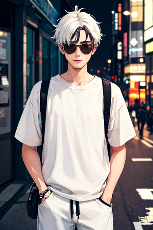 ((masterpiece)), (((best quality))), chromatic lighting,
colorized, white + black limited color palette,
detailed concept drawing,
Shibuya street fashion guy, no weird object on his face,
portrait, 20yo 1guy, slender, sunglasses, short white hair, black eyes, posing