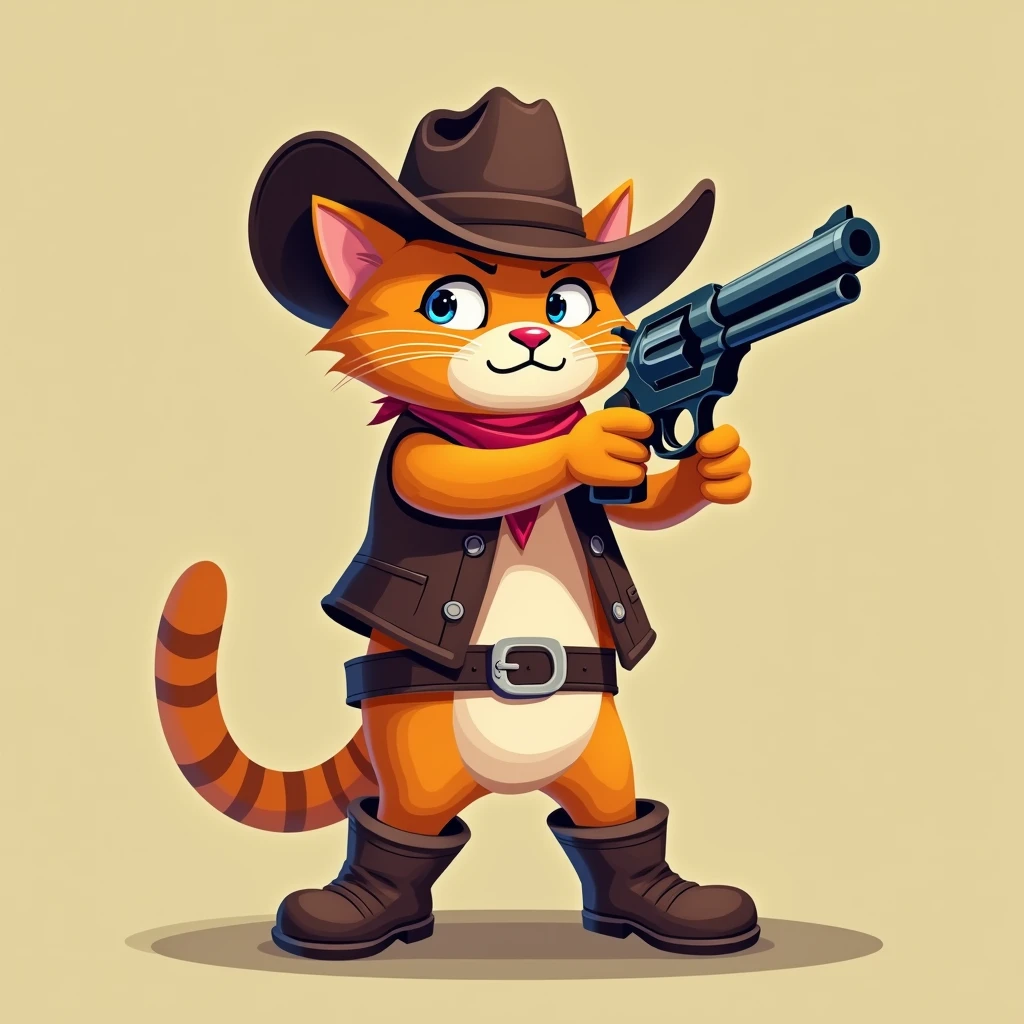 A humorous illustration of a cowboy cat pointing a gun at the camera. The cat is standing upright, wearing a cowboy hat, boots, and a vest with a gun belt. The design should have a simple, playful, and cartoonish style with muted earth tones, like browns and greens. The cats expression should look slightly anxious or overstimulated, adding a funny and relatable element to the image. 2d flat colors