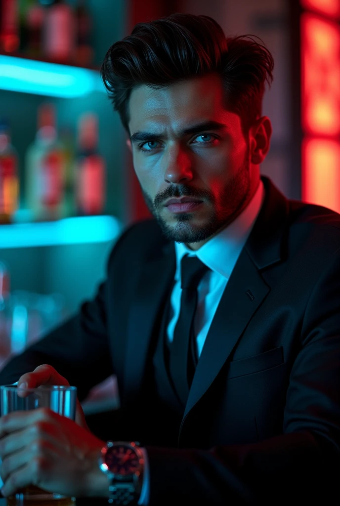 Close-up image, a dark VIP bar with phosphorescent lights, and a 30-year-old man, with very sexy masculine features, extremely handsome, marked jaw, full lips, bushy eyebrows, sexy look, Dark brown hair, very blue eyes, a three-piece suit with a black tailored tie, hair very well combed, with a whiskey in hand, and a watch on his left hand