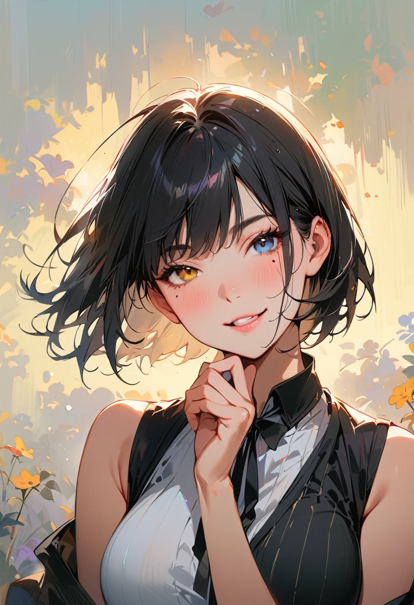 (masterpiece, best quality:1.4), 1 girl, 独奏, Heterochromia, Delicate pupils, Blurred eyes, Close your left eye, Smile, Profile,45° head tilt, Hold your chin with your right hand, Right tear mole, (Black short hair:1.2),  large breasts, Mini Girls, Backlight, Vest, Works by top portrait painters, Black and white gradient background.