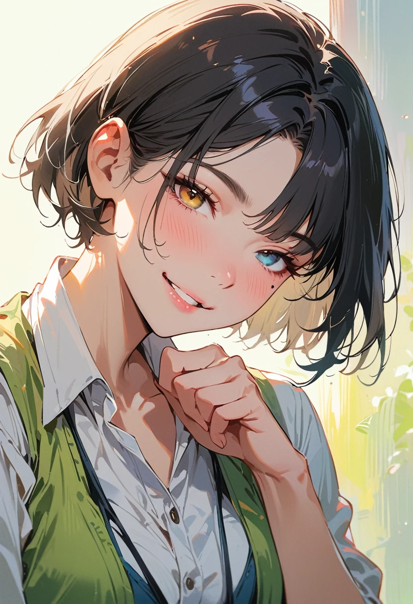 (masterpiece, best quality:1.4), 1 girl, 独奏, Heterochromia, Delicate pupils, Blurred eyes, Close your left eye, Smile, Profile,45° head tilt, Hold your chin with your right hand, Right tear mole, (Black short hair:1.2), large breasts, Mini Girls, Backlight, Vest, Works by top portrait painters, Black and white gradient background.