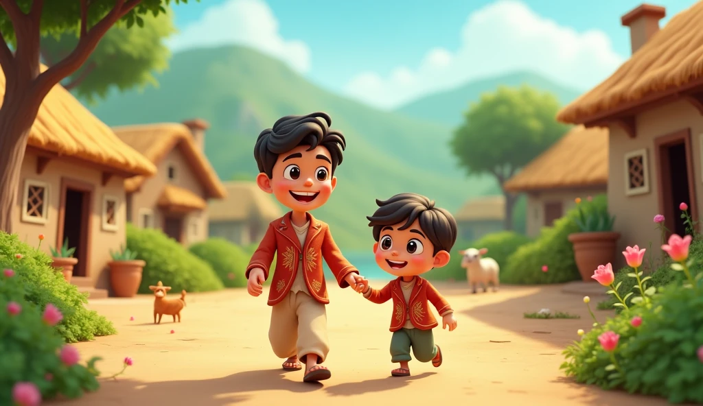 "Illustrate a short story about two brothers, Ali and Hasan, Ali is big brother and hassan is younger living in a village.cartoon 3d image 
