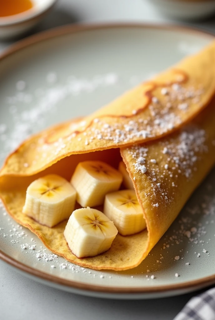 a crepe with banana inside and the banana is cut into small cubes