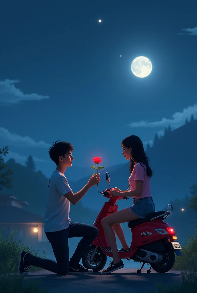 A boy, proposing a girl with knee down ,red rose , the girl is sitting in a hero company scooty, mention the boy name is DEV which is written in his tshirt, from behind _the botScenary , midnight sky , far japanese village is seeing,