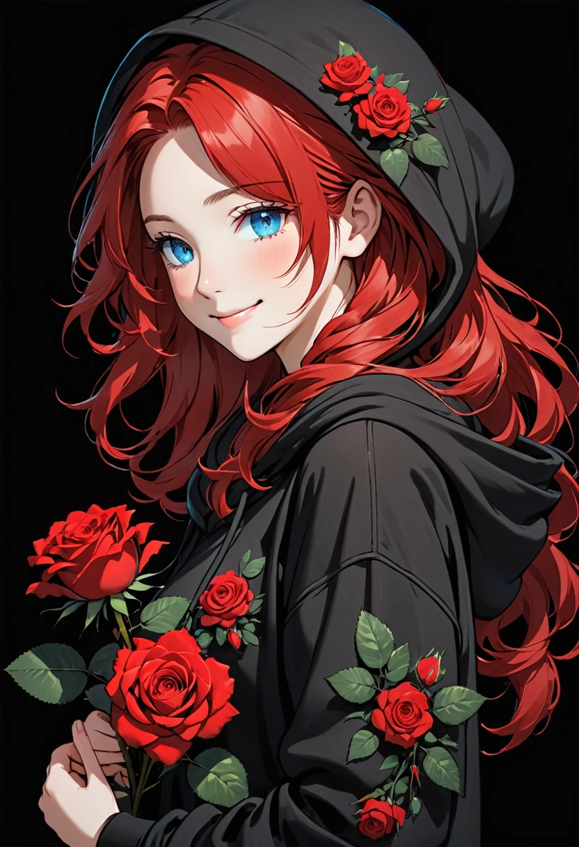 girl with Black hoodie holding a red rose with beautiful eyes and face, 1girl, solo, hood, flower, holding flower, red hair, rose, one eye closed, looking at viewer, black background, holding, long hair, hoodie, simple background, upper body, long sleeves, smile, Blue eyes, red flower