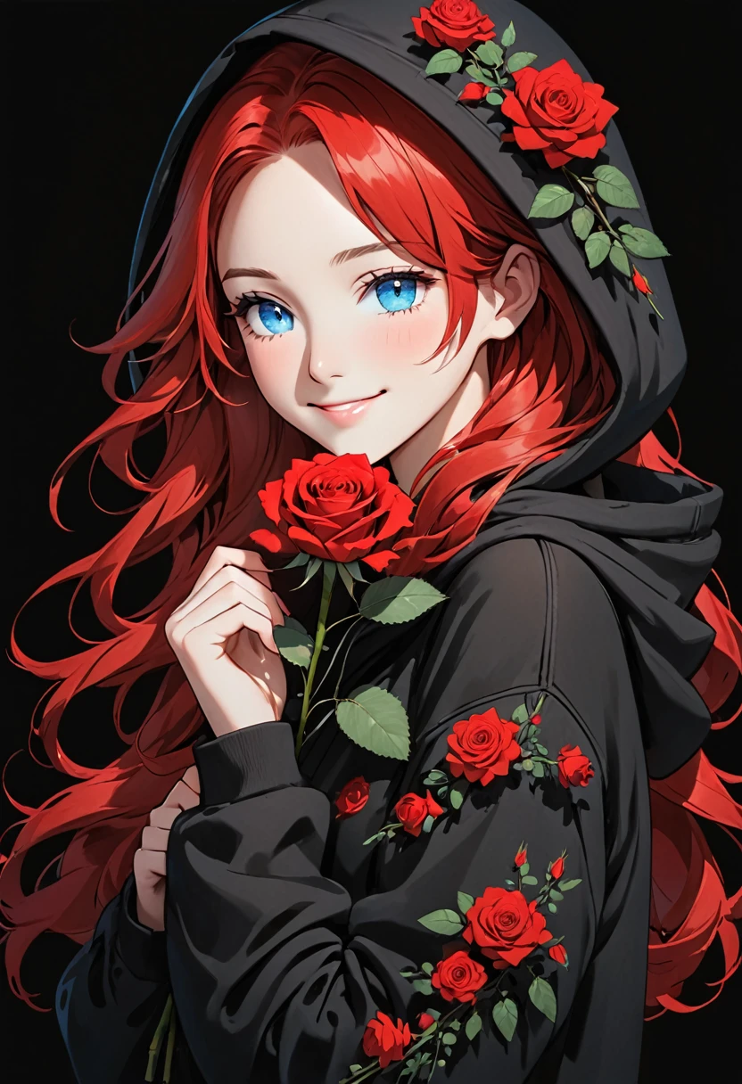 girl with Black hoodie holding a red rose with beautiful eyes and face, 1girl, solo, hood, flower, holding flower, red hair, rose, one eye closed, looking at viewer, black background, holding, long hair, hoodie, simple background, upper body, long sleeves, smile, Blue eyes, red flower