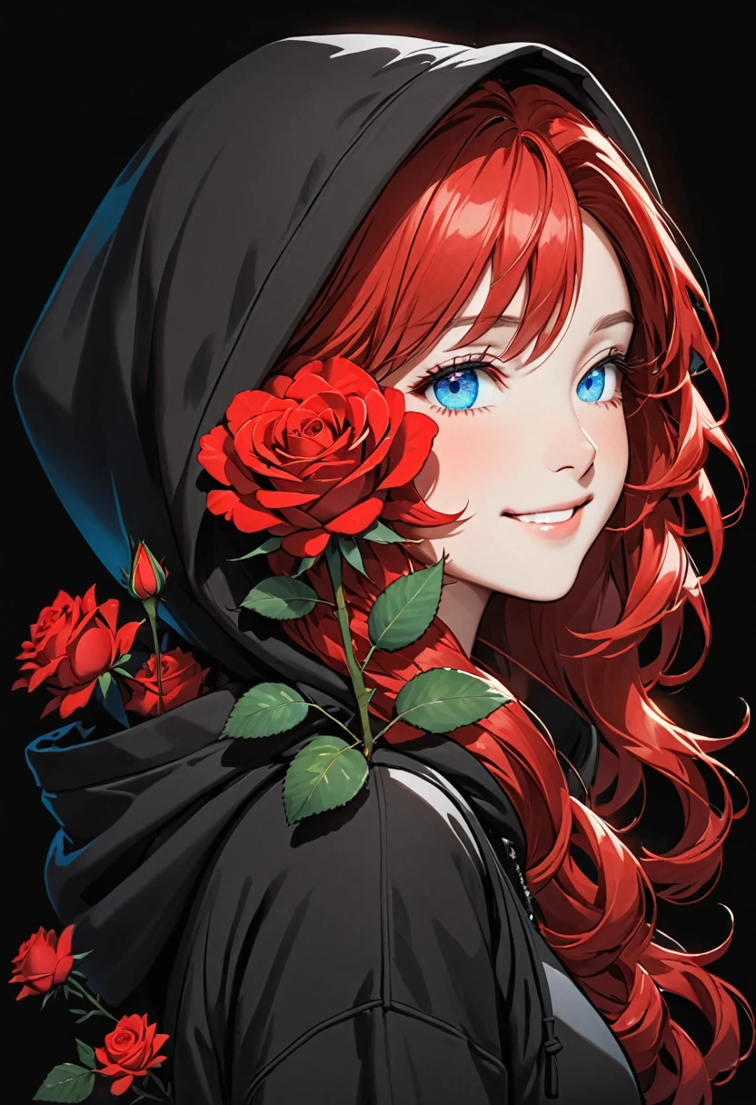 girl with Black hoodie holding a red rose with beautiful eyes and face, 1girl, solo, hood, flower, holding flower, red hair, rose, one eye closed, looking at viewer, black background, holding, long hair, hoodie, simple background, upper body, long sleeves, smile, Blue eyes, red flower
