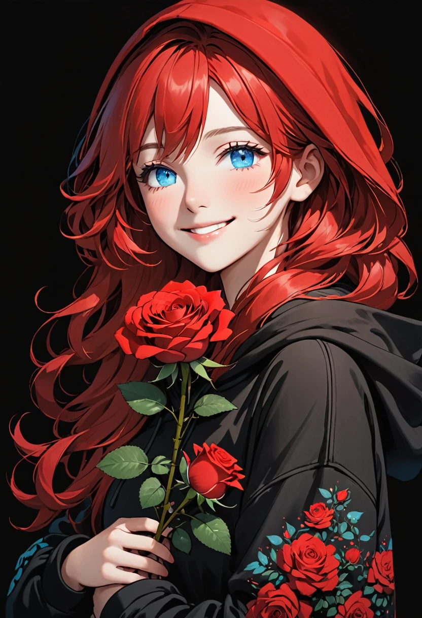girl with Black hoodie holding a red rose with beautiful eyes and face, 1girl, solo, hood, flower, holding flower, red hair, rose, one eye closed, looking at viewer, black background, holding, long hair, hoodie, simple background, upper body, long sleeves, smile, Blue eyes, red flower