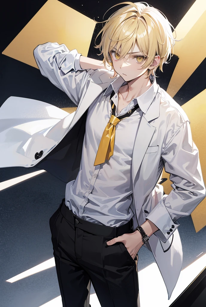 Mikael is a boy with short blond hair and yellow eyes, solo, wear black pant and white casual shirtwithout tie with a black jacket