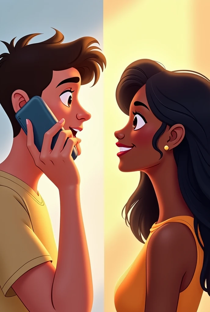 Create an animated image, which on one side has a man talking in love on the phone, looking to the left, and on the other side a girl with dark skin, with loose hair, and a friendly smile also talking on the phone, looking away. side