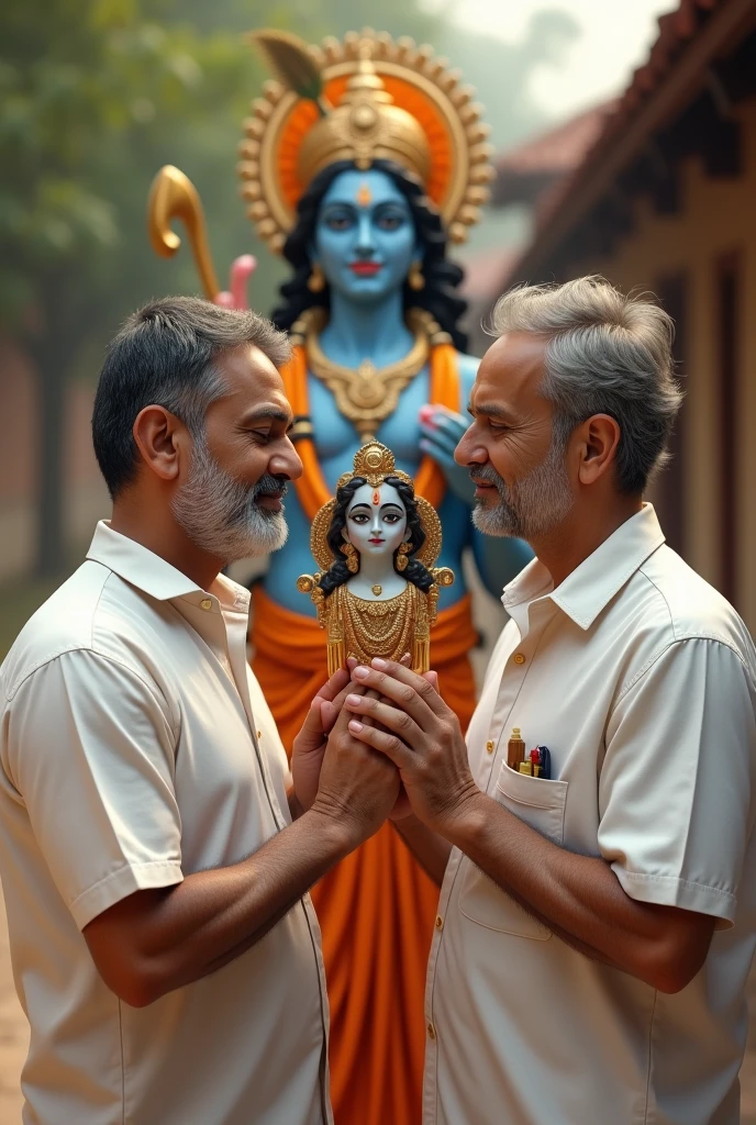 (photorealism:1.2), two man is holding hid murti
of lord krishna ji, the man is wearing a white colour shirt with "Ashutosh" name written on its background.3d illustration .with written name "Ashutosh "and Gaurav in bold and big letter
The man age is minimum 2 .lord krishna with goddess Radha and flute only
Stand just like a freinds in back side had a postar ke upar "Ashutosh'' likha hona chiyey