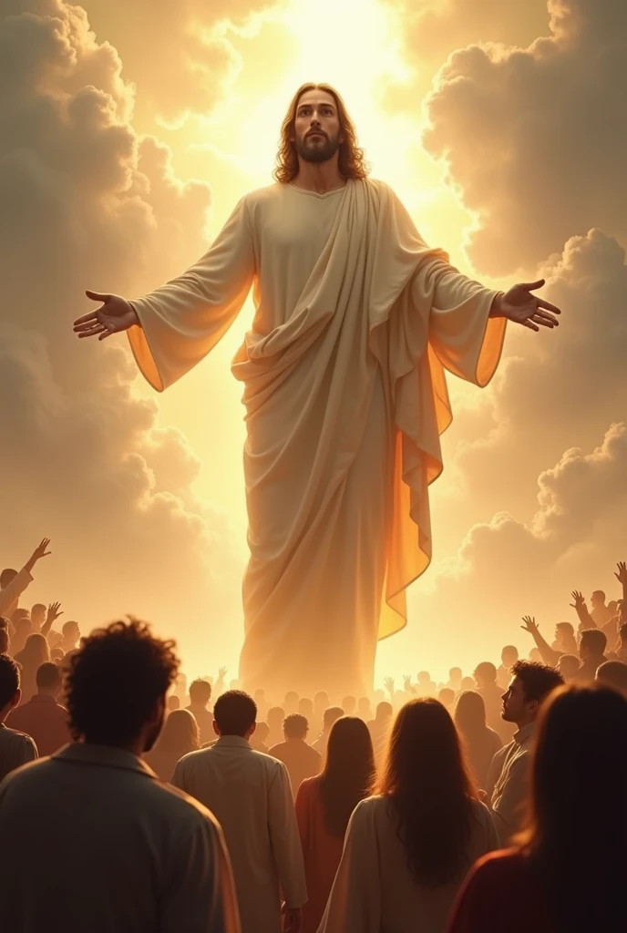 "Create a majestic and awe-inspiring image of a giant Jesus surrounded by people. Depict Jesus as a towering, benevolent figure with a serene and compassionate expression, standing above and among a diverse crowd of individuals. The people around Him should be shown looking up in admiration, reverence, and comfort. The background can feature a peaceful, expansive landscape or a heavenly light, enhancing the sense of divine presence and grandeur. Soft, ethereal light should emanate from Jesus, casting a warm and calming glow over the crowd. The overall mood should convey a profound sense of awe, unity, and divine guidance, illustrating Jesus’ comforting and encompassing presence in the lives of many."
