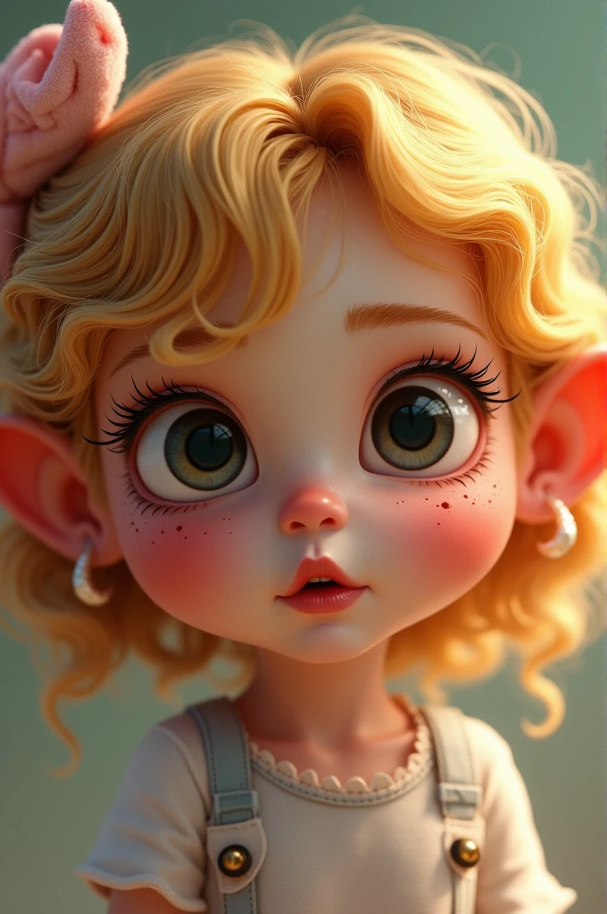 A girl with chubby cheeks and dark-colored eyes with only one eyelid,with thick blonde curls,with thick lips with small freckles on the cheeks,with medium thick eyebrows and thin but long eyelashes,with mischief