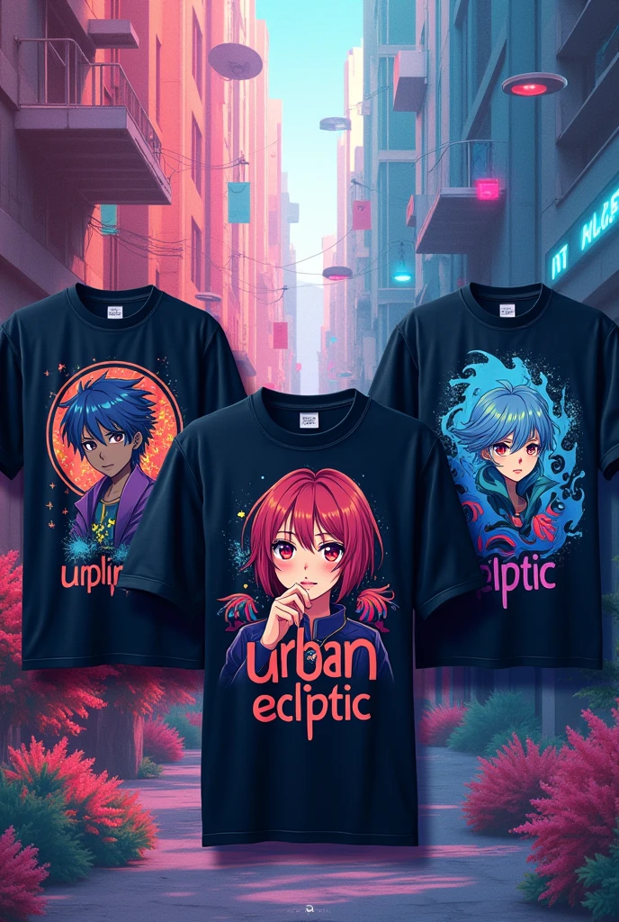 Generate an image of several t-shirts with different anime designs and give it an aesthetic background. Finally make each shirt say: Urban Ecliptic.
