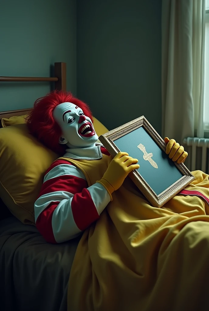 the image shows Ronald McDonald lying on a bed holding a painting. Angle of the side image