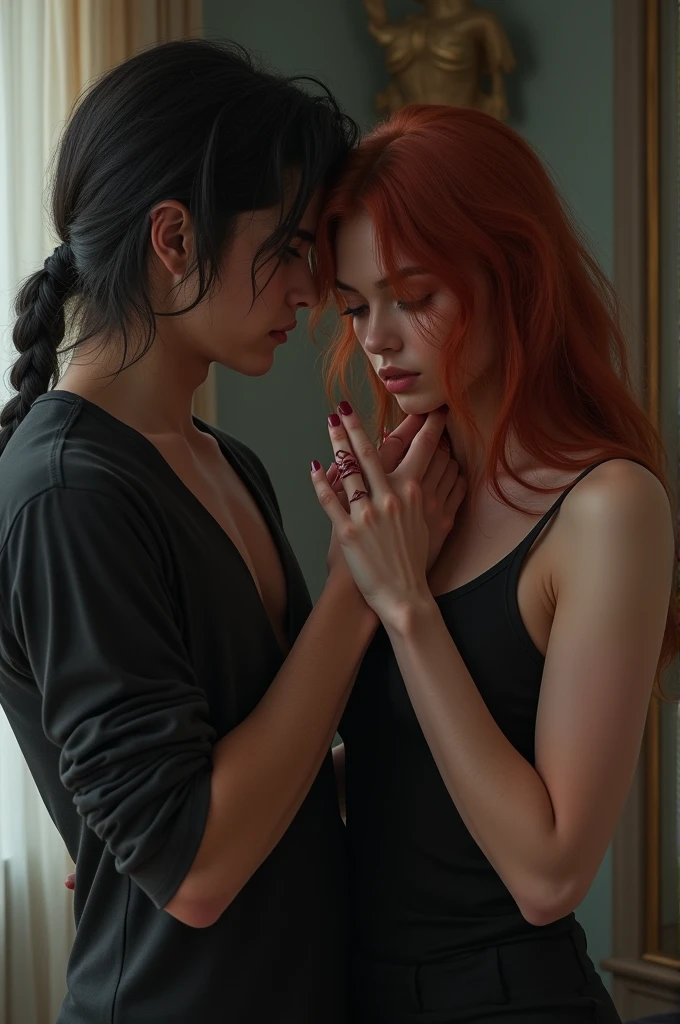 Une image reel . La scene ce passe dans une chambre .
Une jeune fille âgée de 26 ans aux cheveux mi longs rouge et lisse a ses poignet elle a des menottes qui les lies ensemble. Elle s endort.

Un jeune qui avait l'air d avoir vingt ans aux cheveux longs et noir attachés en queu de cheval habillée en chemise de soie noir et pantalon noir il est musclé. Il est aupres d elle et la regarde d une manière protectrice est rassurante 