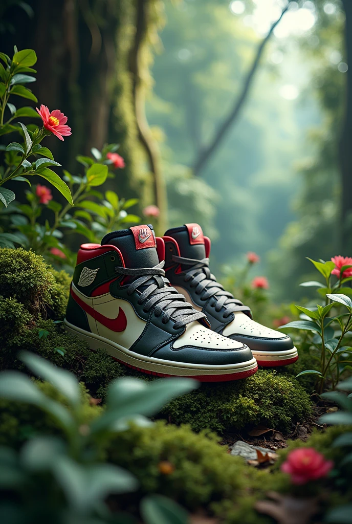 Nike Air Jordan Sneakers with Green Plants and Flowers grabbing you in the middle of an Enchanted Forest, with a streetwear-style background, ultra detailed, realistic, --AR 4:5 --V 6.1