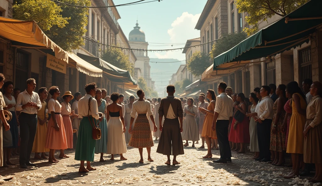 1890; (masterpiece, best quality) pacific africa city(Cape Town) roses white on the floor; young people listening to music in the streets