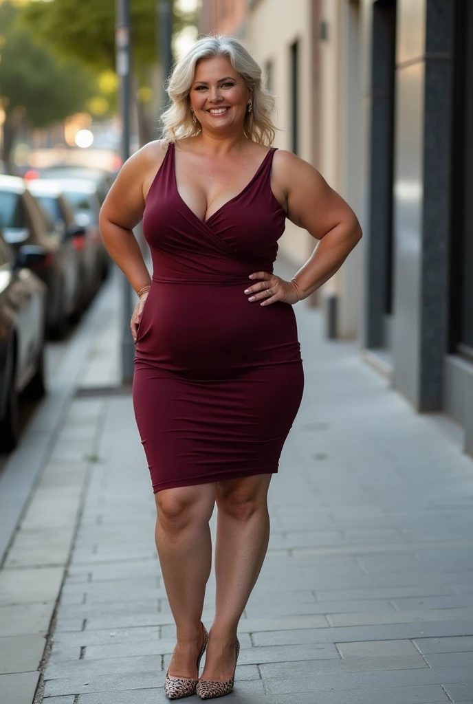 there is a woman in a dress standing on the sidewalk, plus size woman, 60 year old woman, mature woman, alluring plus sized model, curved model, shaped derriere, curved accentuated booty, curved figure, beautiful curved female, Pose for Photo, curved hourglass figure, curved, voluptuous figure, slinky dress