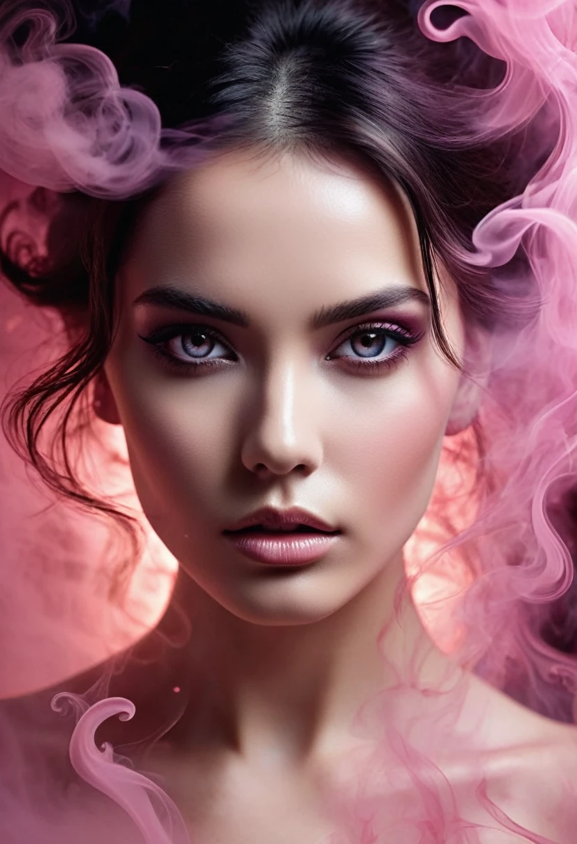 A majestic work of art, a woman, intricately detailed, with an intense, piercing gaze emanating from her singular, striking eye, set against a backdrop of ethereal, swirling pink smoke that appears to shift and undulate as if alive, illuminated by a cinematic lighting scheme that casts dramatic, high-contrast shadows and highlights, evoking a sense of mystery and the otherworldly, with each element expertly rendered in exquisite, high-definition detail, exuding a sense of artistic mastery and visual sophistication.

